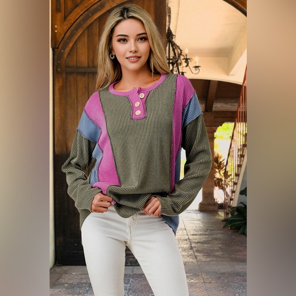 Olive fuchsia textured bubble sleeve button bohemian tunic top shirt Henley - Picture 3 of 6